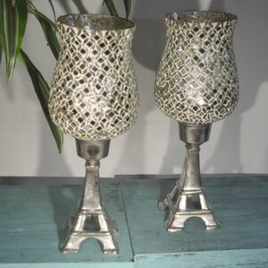Decorative Mosaic Glass Candle Holders with Silver Eiffel Bases - Set of 2
